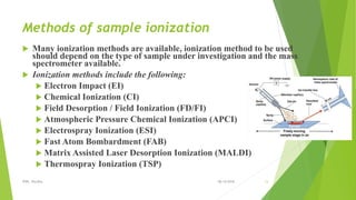 Methods of sample ionization
 Many ionization methods are available, ionization method to be used
should depend on the type of sample under investigation and the mass
spectrometer available.
 Ionization methods include the following:
 Electron Impact (EI)
 Chemical Ionization (CI)
 Field Desorption / Field Ionization (FD/FI)
 Atmospheric Pressure Chemical Ionization (APCI)
 Electrospray Ionization (ESI)
 Fast Atom Bombardment (FAB)
 Matrix Assisted Laser Desorption Ionization (MALDI)
 Thermospray Ionization (TSP)
08-10-2018IPER, Wardha 13
 