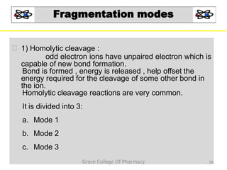 Fragmentation modes
1) Homolytic cleavage :
odd electron ions have unpaired electron which is
capable of new bond formation.
Bond is formed , energy is released , help offset the
energy required for the cleavage of some other bond in
the ion.
Homolytic cleavage reactions are very common.
It is divided into 3:
a. Mode 1
b. Mode 2
c. Mode 3
26Grace College Of Pharmacy
 