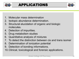 APPLICATIONS
1. Molecular mass determination
2. Isotopic abundance determination.
3. Structural elucidation of organic and biologic
molecules.
4. Detection of impurities.
5. Drug metabolism studies
6. Quantitative analysis of mixtures
7. To detect the distinction between cis and trans isomer
8. Determination of ionization potential
9. Detection of bonding informations.
10.Clinical, toxicological and forensic applications.
35Grace College Of Pharmacy
 