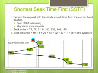 Shortest Seek Time First (SSTF)
 Service the request with the shortest seek time from the current head
position
 Form of SJF scheduling
 May starve some requests
 Seek order = 73, 77, 51, 8, 100, 133, 140, 175
 Seek distance = 10 + 4 + 26 + 43 + 92 + 33 + 7 + 35 = 250 cylinders
Chapter 5 13
CS 1550, cs.pitt.edu
(originaly modified by
Ethan L. Miller and
100
175
51
133
8
140
73
77
read/write head start
 