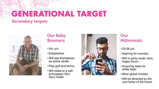 GENERATIONAL TARGET
Our Baby
Boomers
Our
Millennials
• 54+ y/o
• Established.
• Still see themselves
as active adults.
• Play golf and tennis.
• Will relate to a salt-
and-pepper Gen
Xers model.
• 23-36 y/o
• Aspiring for success.
• Still in party-mode: bars,
happy hours…
• Acquiring taste for
better beer.
• More global minded.
• Will be attracted by the
cool factor of the brand.
Secondary targets
 