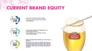 CURRENT BRAND EQUITY
• Connects emotionally with its target
• Top score, winning over Corona Extra
and Heineken
• Even being a lager, it's categorized as a
distinguished product
• Not as different as Guinness, but the
most different lager
• Above average. But probably our main focus of
attention.
• The brand is not seen or recalled as much as it
should. It performs under Coors Light, Molson
Canadian, Budweiser, Heineken, Bud Light and
Alexander Keith. Only 2 of these are AB Inbev
products.
 