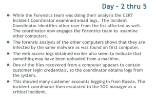 Day – 2 thru 5
While the Forensics team was doing their analysis the CERT
Incident Coordinator examined email logs. The Incident
Coordinator identifies other user from the list affected as well.
The coordinator now engages the Forensics team to examine
other computers.
The forensic analysis of the other computers shows that they are
infected by the same malware as was found on first computer.
The web access logs obtained earlier also seem to indicate that
something may have been uploaded from a machine.
One of the files recovered from a computer appears to contain
customer login credentials, so the coordinator obtains logs from
the system.
This showed many customer accounts logging in from Russia. The
incident coordinator then escalated to the SOC manager as a
critical incident.
 