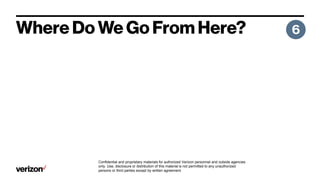 Confidential and proprietary materials for authorized Verizon personnel and outside agencies
only. Use, disclosure or distribution of this material is not permitted to any unauthorized
persons or third parties except by written agreement.
 