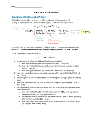 Name ________________________________


                                 Mass-to-Mass Worksheet




 Start with #                    N2 (g) + 3H2 (g) → 2NH3 (g)
 and unit given
                     5.40 g H2       1 mol H2          2 mol NH3             17.03 g NH3   1) Molar mass
                                                                                           to convert from = 31   g NH3
                                     2.02 g H2         3 mol H2              1 mol NH3     mol back to g


                                    2) Molar mass
                                    to convert g to       3) Use mole ratio to
                                    moles                 go from 1 substance to
                                                          the next substance

…remember…first step (g to mole)…mole ratio…third step (mole to g)…only sometimes you don’t do
some of that… Work must be shown on every problem that has calculations…no work = no credit

Use the following reaction for problems 1-4…

                                      S8 (s) + O2 (g) + H2 (g) →H2SO4 (aq)

    1. In the synthesis of sulfuric acid 15.3 mol of sulfur react completely.
            a. How many moles of oxygen are should be used? (Hint: 2nd step only)
            b. How many moles of sulfuric acid can be made from the complete reaction of sulfur?
                (Hint: 2nd step only)
            c. How many grams of sulfuric acid can be made? (hint: second and third steps)
    2. How many moles of sulfuric acid are made the burning of 87.1 grams of sulfur (S8)? (hint: 1st
       and 2nd steps)
    3. How many grams of sulfuric acid could be made from 435 grams of oxygen gas? (hint: all three
       steps)
    4. How many grams of sulfuric acid could be made from 65.9 grams of hydrogen gas? (hint: all
       three steps)
    5. Write and balance the reaction that occurs between iron (III) chlorate solution and potassium
       hydroxide solutions.
            a. How many moles of iron (III) hydroxide can be recovered if 14.2 moles of potassium
                hydroxide were used up? (Hint: second step only)
            b. What mass of iron (III) hydroxide will precipitate out from 1.35 x 10-3 moles of iron (III)
                chlorate? (hint: second and third steps)
            c. How many grams of potassium chlorate could be recovered from 396.5 grams of iron
                (III) chlorate? (hint: all three steps)
 