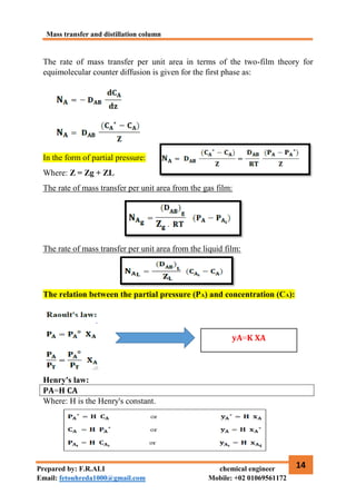 Mass transfer and distillation column
14
Prepared by: F.R.ALI chemical engineer
Email: fetouhreda1000@gmail.com Mobile: +02 01069561172
The rate of mass transfer per unit area in terms of the two-film theory for
equimolecular counter diffusion is given for the first phase as:
In the form of partial pressure:
Where: Z = Zg + ZL
The rate of mass transfer per unit area from the gas film:
The rate of mass transfer per unit area from the liquid film:
The relation between the partial pressure (PA) and concentration (CA):
Henry's law:
𝐏𝐀=𝐇 𝐂𝐀
Where: H is the Henry's constant.
𝐲𝐀=𝐊 𝐗𝐀
 