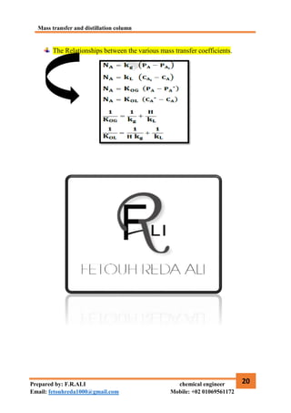 Mass transfer and distillation column
20
Prepared by: F.R.ALI chemical engineer
Email: fetouhreda1000@gmail.com Mobile: +02 01069561172
The Relationships between the various mass transfer coefficients.
 