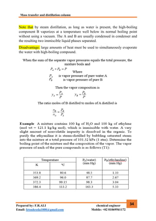 Mass transfer and distillation column
34
Prepared by: F.R.ALI chemical engineer
Email: fetouhreda1000@gmail.com Mobile: +02 01069561172
Note that by steam distillation, as long as water is present, the high-boiling
component B vaporizes at a temperature well below its normal boiling point
without using a vacuum. The A and B are usually condensed in condenser and
the resulting two immiscible liquid phases separated.
Disadvantage: large amounts of heat must be used to simultaneously evaporate
the water with high-boiling compound.
 