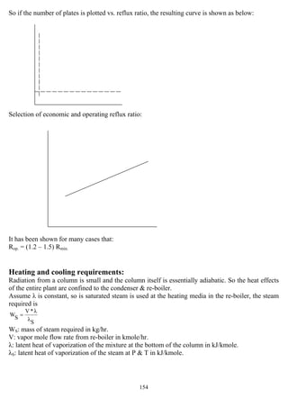 154
So if the number of plates is plotted vs. reflux ratio, the resulting curve is shown as below:
Selection of economic and operating reflux ratio:
It has been shown for many cases that:
Rop. = (1.2 – 1.5) Rmin.
Heating and cooling requirements:
Radiation from a column is small and the column itself is essentially adiabatic. So the heat effects
of the entire plant are confined to the condenser & re-boiler.
Assume λ is constant, so is saturated steam is used at the heating media in the re-boiler, the steam
required is
Sλ
λ*V
SW =
WS: mass of steam required in kg/hr.
V: vapor mole flow rate from re-boiler in kmole/hr.
λ: latent heat of vaporization of the mixture at the bottom of the column in kJ/kmole.
λS: latent heat of vaporization of the steam at P & T in kJ/kmole.
 
