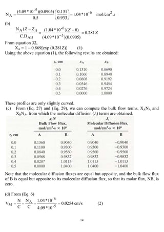 14
s.mol/cm10*1.04
933.0
131.0
5.0
)0905.0)(10*(4.09
N 26-
5-
A =⎟
⎠
⎞
⎜
⎝
⎛
=
(b)
Z0.281
)0905.0)(10*09.4(
)0)(10*(1.04
C.D
(N
5
6-
AB
)1A
=
−
=
−
−
ZZZ
From equation 32,
XA = 1 – 0.869[exp (0.281Z)] (1)
Using the above equation (1), the following results are obtained:
These profiles are only slightly curved.
(c) From (Eq. 27) and (Eq. 29), we can compute the bulk flow terms, XANA and
XBNA, from which the molecular diffusion (Ji) terms are obtained.
Note that the molecular diffusion fluxes are equal but opposite, and the bulk flow flux
of B is equal but opposite to its molecular diffusion flux, so that its molar flux, NB, is
zero.
(d) From (Eq. 6)
(2)cm/s0254.0
10*4.09
10*1.04
C
N
C
N
V
5-
6-
A
M ====
 