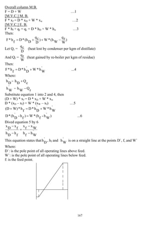 167
Overall column M.B.
F = D + W …1
[M.V.C.] M. B.
F * xf = D * xD + W * xw …2
[M.V.C.] E. B.
F * hf + qr = qc + D * hD + W * hw …3
Then:
)
W
rq
W
(h*W)
D
cq
D
(h*D
f
h*F −++=
Let Qc =
D
cq
(heat lost by condenser per kgm of distillate)
And Qr =
W
rq
(heat gained by re-boiler per kgm of residue)
Then:
...4`
W
h*W`
D
h*D
f
h*F +=
Where:
`
D
h =
cQ
D
h +
`
W
h =
rQ
W
h −
Substitute equation 1 into 2 and 4, then
(D + W) * xf = D * xD + W * xw
D * (xD – xf) = W * (xW – xf) …5
`
W
h*W`
D
h*D
f
h*W)(D +=+
...6)`
W
h-
f
(h*W)
f
h-`
D
(h*D =
Dived equation 5 by 6
`
W
h
f
h
W
x
f
x
f
h`
D
h
f
x
D
x
−
−
=
−
−
This equation states that `
D
h , hf and `
W
h is on a straight line at the points D`, f, and W`
Where:
D`: is the pole point of all operating lines above feed.
W`: is the pole point of all operating lines below feed.
f: is the feed point.
 
