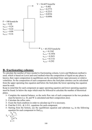 180
V = 54.4475 kmol/hr
yC3 = 0.402
yn-C4 = 0.2773
yn-C5 = 0.2215
yn-C6 = 0.0536
yn-C8 = 0.0496
F = 100 komle/hr
xfC3 = 0.28
xfn-C4 = 0.24
xfn-C5 = 0.24
xfn-C6 = 0.08
xfn-C8 = 0.16
L = 45.5525 kmole/hr
xC3 = 0.1342
xn-C4 = 0.1954
xn-C5 = 0.2621
xn-C6 = 0.1116
xn-C8 = 0.292
B- fractionating column:
To calculate the number of trays needed in fractionating column, Lewis and Matheson method is
used, which is based on Lewis and sorel method when the composition of liquid on any phase is
known, then vapor composition in equilibrium can be calculated from vapor pressures or relative
volatilities. So the composition of each component above the feed plate entrance can be calculated
from the upper operating line equation and below the feed plate the lower operating line equation
must be used.
Keep in mind that for each component an upper operating equation and lower operating equation
must be found. In below the steps which must be followed to calculate the number of theoretical
plates.
1- Complete the material balance, so the mole flow rate of each component in the two products
must be known (i.e. D, and W is calculated and their composition also).
2- Calculate the reflux ratio.
3- Exam the feed condition in order to calculate (q) if it is necessary.
4- Find the U.O.L. & L.O.L. equations for each component.
5- Starting from the bottom, use the equilibrium equation and substitute xWi in the following
equation for each component to find ymi
in
1n
x*α
i
x*
ij
α
i
y
∑
=
=
=
 