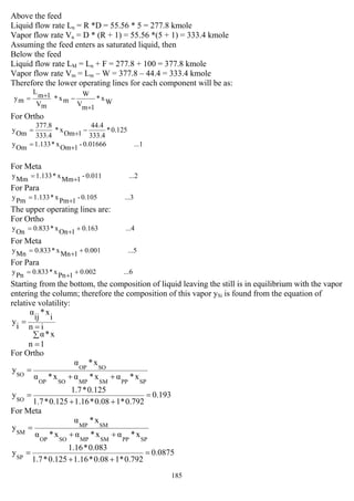 185
Above the feed
Liquid flow rate Ln = R *D = 55.56 * 5 = 277.8 kmole
Vapor flow rate Vn = D * (R + 1) = 55.56 *(5 + 1) = 333.4 kmole
Assuming the feed enters as saturated liquid, then
Below the feed
Liquid flow rate LM = Ln + F = 277.8 + 100 = 377.8 kmole
Vapor flow rate Vm = Lm – W = 377.8 – 44.4 = 333.4 kmole
Therefore the lower operating lines for each component will be as:
Wx*
1mV
W
mx*
mV
1mL
my
+
−+=
For Ortho
0.125*
333.4
44.4
1Omx*
333.4
377.8
Omy −+=
...10.01666-1Omx*133.1Omy +=
For Meta
...20.011-1Mmx*133.1Mmy +=
For Para
...30.105-1Pmx*133.1Pmy +=
The upper operating lines are:
For Ortho
...40.1631Onx*833.0Ony ++=
For Meta
...50.0011Mnx*833.0Mny ++=
For Para
...60.0021Pnx*833.0Pny ++=
Starting from the bottom, the composition of liquid leaving the still is in equilibrium with the vapor
entering the column; therefore the composition of this vapor ySi is found from the equation of
relative volatility:
in
1n
x*α
i
x*
ij
α
i
y
∑
=
=
=
For Ortho
x*αx*αx*α
x*α
y
SPPPSMMPSOOP
SOOP
SO ++
=
0.193
0.792*10.08*1.160.125*1.7
0.125*1.7
ySO
=
++
=
For Meta
x*αx*αx*α
x*α
y
SPPPSMMPSOOP
SMMP
SM ++
=
0.0875
0.792*10.08*1.160.125*1.7
0.083*1.16
ySP
=
++
=
 