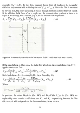 56
example, CAi= HAPA. In the thin, stagnant liquid film of thickness δ, molecular
diffusion only occurs with a driving force of )( Bi AA CC − . Since the film is assumed
to be very thin, the entire diffusing A passes through the film and into the bulk liquid.
If, in addition, bulk flow of A is neglected, the concentration gradient is linear as in
Figure 4. Accordingly, Fick's first law, (Eq. 3), for the diffusion flux integrates to:
( ) ( ) ...144
*
bibi AA
AB
AA
AB
A XX
DC
CC
D
J −=−=
δδ
Figure 4 Film theory for mass transfer from a fluid – fluid interface into a liquid.
If the liquid phase is dilute in A, the bulk-flow effect can be neglected and (Eq. 144)
applies to the total flux:
( ) ( ) ...145
*
bibi AA
AB
AA
AB
A XX
DC
CC
D
N −=−=
δδ
If the bulk-flow effect is not negligible, then, from (Eq. 31),
...146)X-(X
)X-(1
C.D
)
1
1
ln(
.
bi AA
A
AB
12 LMA
bAAB
A
i
X
X
ZZ
DC
N
δ
=
−
−
−
=
Where:
In practice, the ratios DAB/δ in (Eq. 145) and DAB/δ*(1- XA)LM in (Eq. 146) are
replaced by mass transfer coefficients and cc KK and'
, respectively, because the film
thickness, δ, which depends on the flow conditions, is not known.
 