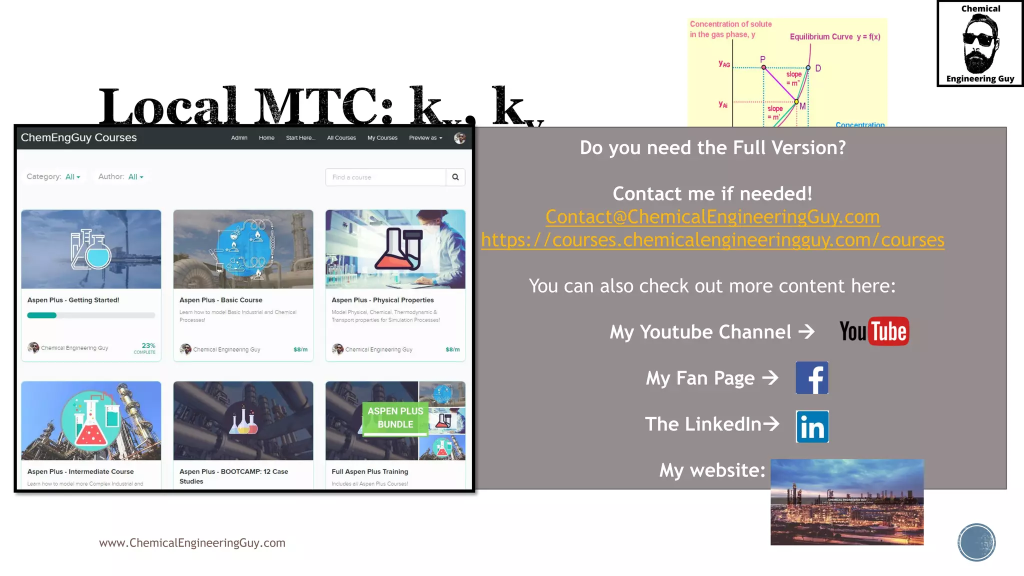 www.ChemicalEngineeringGuy.com
 We can use the above equation to determine the equilibrium concentration at the
interface ( xAi, yAi )
 i.e. to locate point M, provided that kx and ky are known (or can be calculated using
appropriate correlations).
 We do so by plotting:
 A straight line originating from point P ( xAL, yAG )
 slope
 The point of intersection of this line with the equilibrium curve gives point M
 which yield the values of xAi and yAi .
 That way we can calculate the flux NA at that particular point.
x
y
k
k

Do you need the Full Version?
Contact me if needed!
Contact@ChemicalEngineeringGuy.com
https://courses.chemicalengineeringguy.com/courses
You can also check out more content here:
My Youtube Channel 
My Fan Page 
The LinkedIn
My website:
 