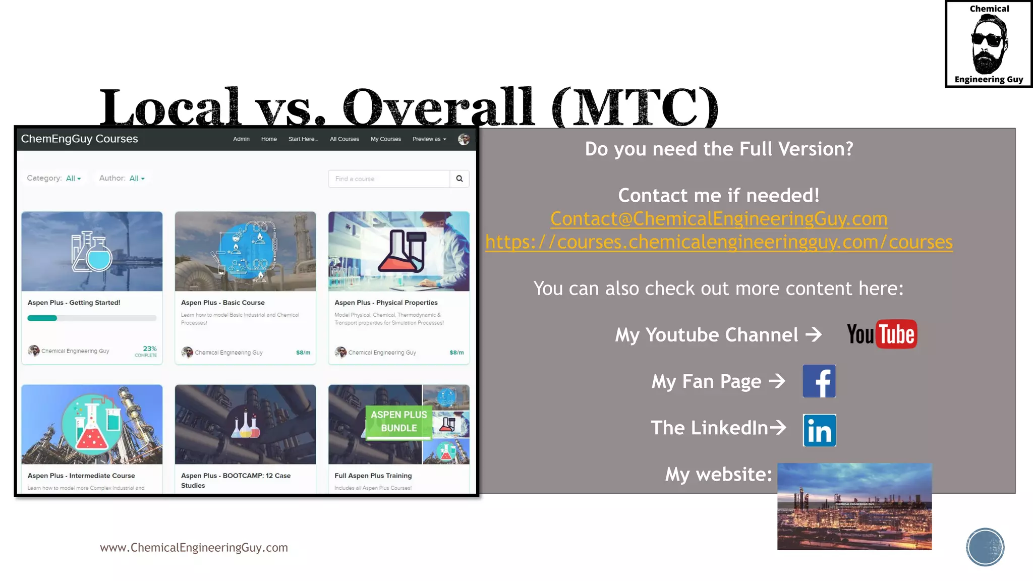 www.ChemicalEngineeringGuy.com
 Units for kx , ky , KX , and KY varies with the way the mass
transfer equation is written:
 By phase:
 Vapor phase
 Liquid phase
 Driving forces used:
 mole fractions ( y or x )
 mole ratios ( X or Y )
 weight fraction (not common/recommended)
 partial pressures (p)
 concentrations (c)
Do you need the Full Version?
Contact me if needed!
Contact@ChemicalEngineeringGuy.com
https://courses.chemicalengineeringguy.com/courses
You can also check out more content here:
My Youtube Channel 
My Fan Page 
The LinkedIn
My website:
 