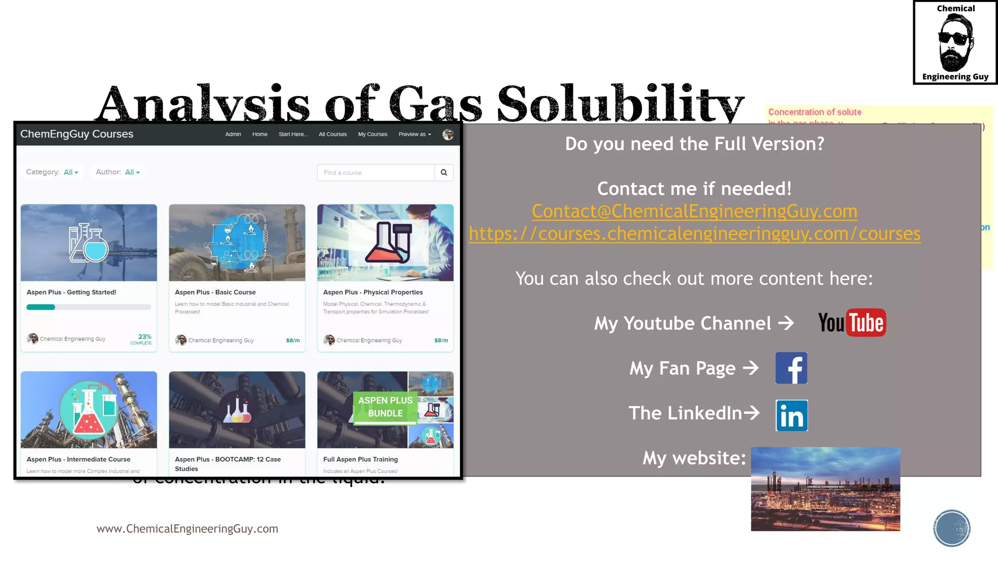 www.ChemicalEngineeringGuy.com
 Recall:
 the relationship between overall and film mass transfer coefficients
 The 1/k represents the mass transfer resistance.
 If m" is large
 (i.e. the equilibrium curve is very steep), then the term 1/m"ky is insignificant, therefore,
 and the majority of resistance to mass transfer lies
 In the liquid  The mass transfer is said to be liquid-phase controlled.
 Solute A is relatively insoluble in the liquid:
 a very large concentration of A in the gas phase is required to provide even a small change
of concentration in the liquid.
1 1 1
0
'' y X xm k K k
  
Do you need the Full Version?
Contact me if needed!
Contact@ChemicalEngineeringGuy.com
https://courses.chemicalengineeringguy.com/courses
You can also check out more content here:
My Youtube Channel 
My Fan Page 
The LinkedIn
My website:
 