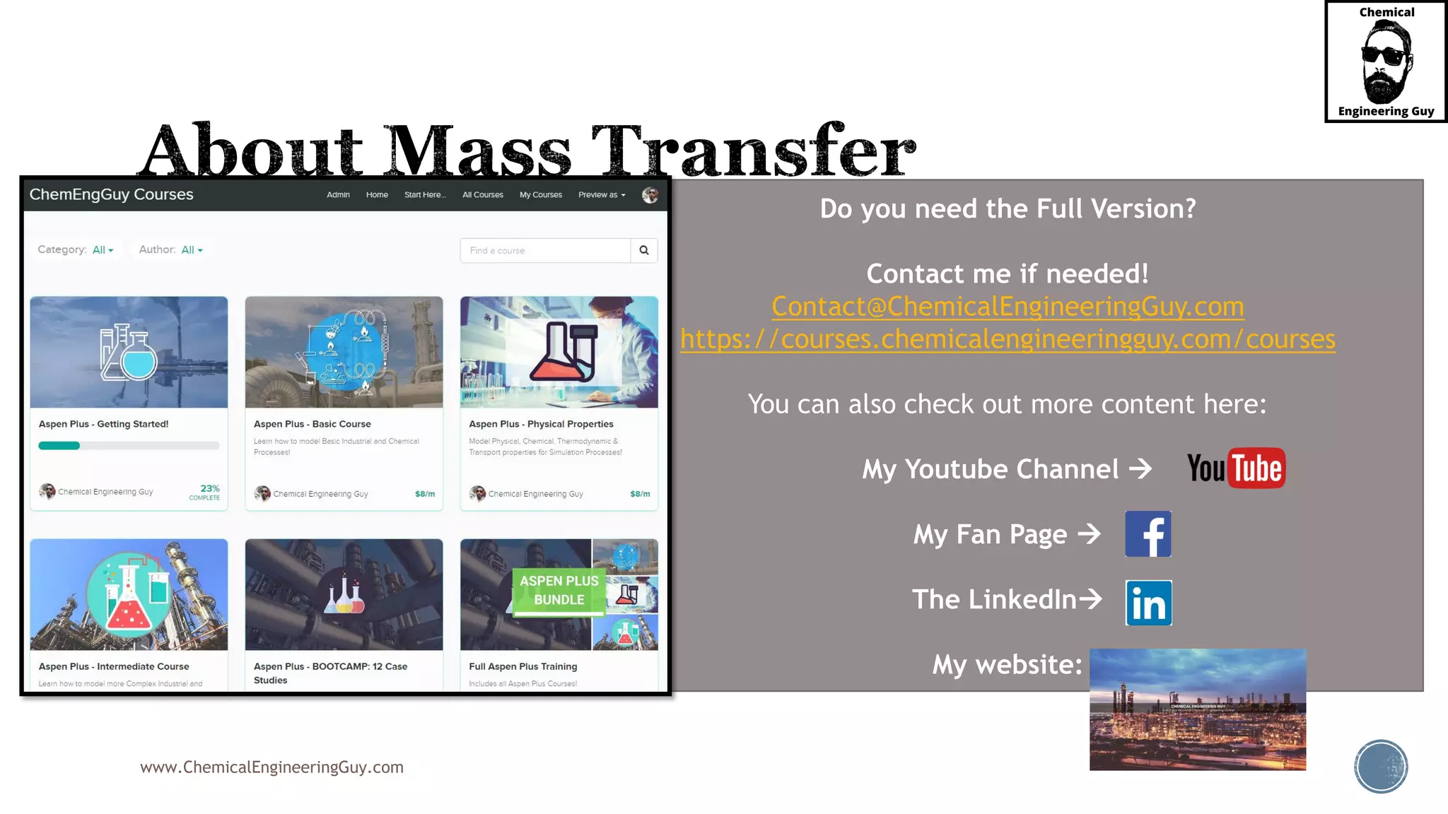 www.ChemicalEngineeringGuy.com
 (1) diffusion in a quiescent medium
 Concentration Gradient from Point A to B
 (2) mass transfer in laminar flow
 Flow in pipes and Concentration Distribution
 (3) mass transfer in the turbulent flow
 Mixing in an Agitation Vessel
 (4) mass exchange between phases
 Gas-Liquid Absorption
 Vapor-Liquid Distillation
Convective MT is STRONG between phases
Do you need the Full Version?
Contact me if needed!
Contact@ChemicalEngineeringGuy.com
https://courses.chemicalengineeringguy.com/courses
You can also check out more content here:
My Youtube Channel 
My Fan Page 
The LinkedIn
My website:
 