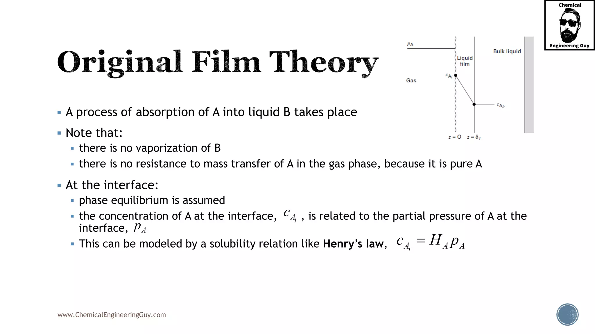 www.ChemicalEngineeringGuy.com
 A process of absorption of A into liquid B takes place
 Note that:
 there is no vaporization of B
 there is no resistance to mass transfer of A in the gas phase, because it is pure A
 At the interface:
 phase equilibrium is assumed
 the concentration of A at the interface, , is related to the partial pressure of A at the
interface,
 This can be modeled by a solubility relation like Henry’s law, iA A Ac H p
iAc
Ap
 