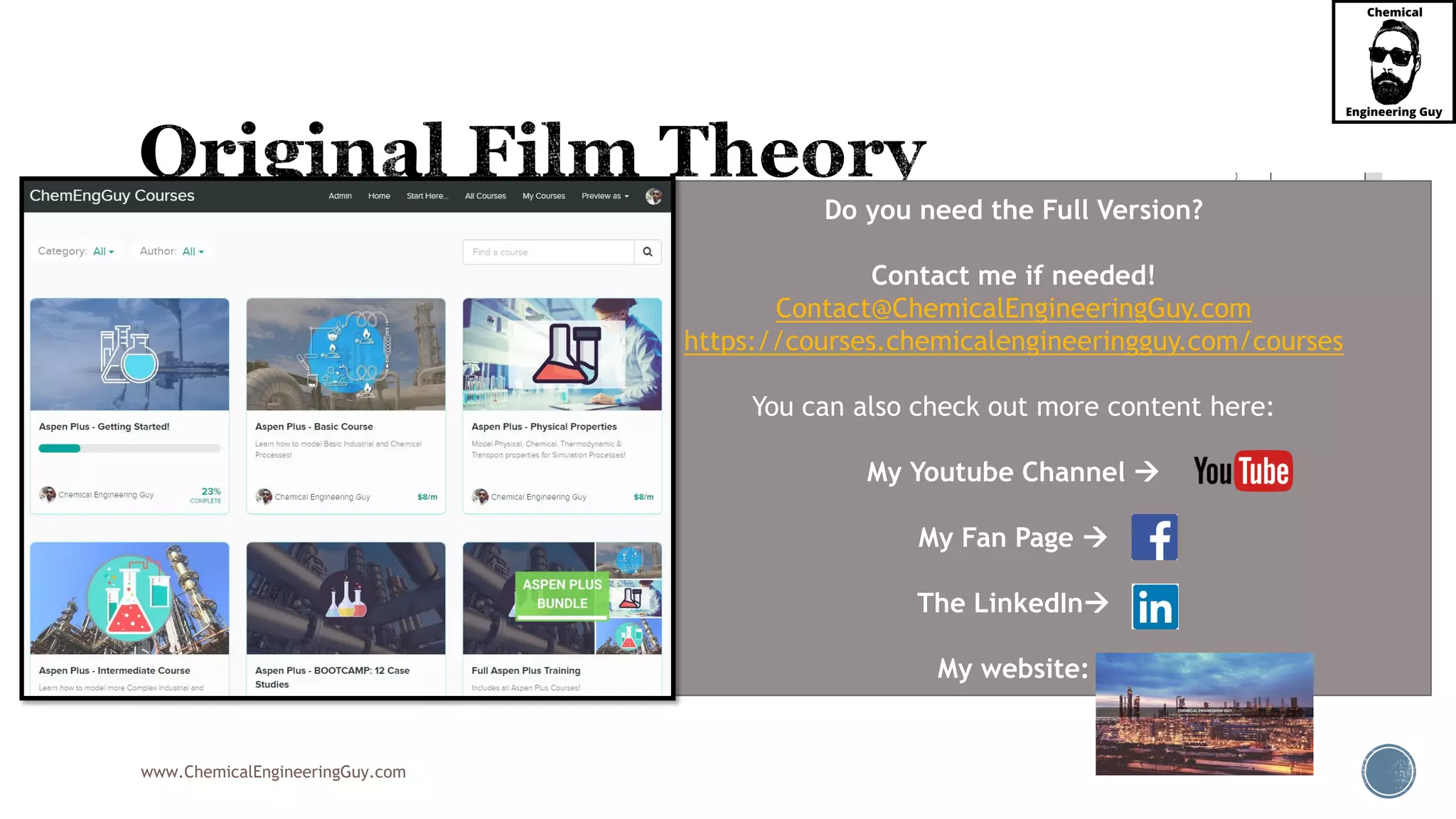 www.ChemicalEngineeringGuy.com
 In the liquid film of thickness
 molecular diffusion occurs with a driving force of
 where  is the bulk-average concentration of A in the liquid
 Since the film is assumed to be very thin:
 all of the diffusing A is assumed to pass through the film and into the bulk liquid.
 Accordingly, integration of Fick’s first law for this case:
i iA A A A(c c ) (x )b b
AB AB
A
D cD
J x
 
   
( )i bulkA AdC c c 
bulkAc

Do you need the Full Version?
Contact me if needed!
Contact@ChemicalEngineeringGuy.com
https://courses.chemicalengineeringguy.com/courses
You can also check out more content here:
My Youtube Channel 
My Fan Page 
The LinkedIn
My website:
 
