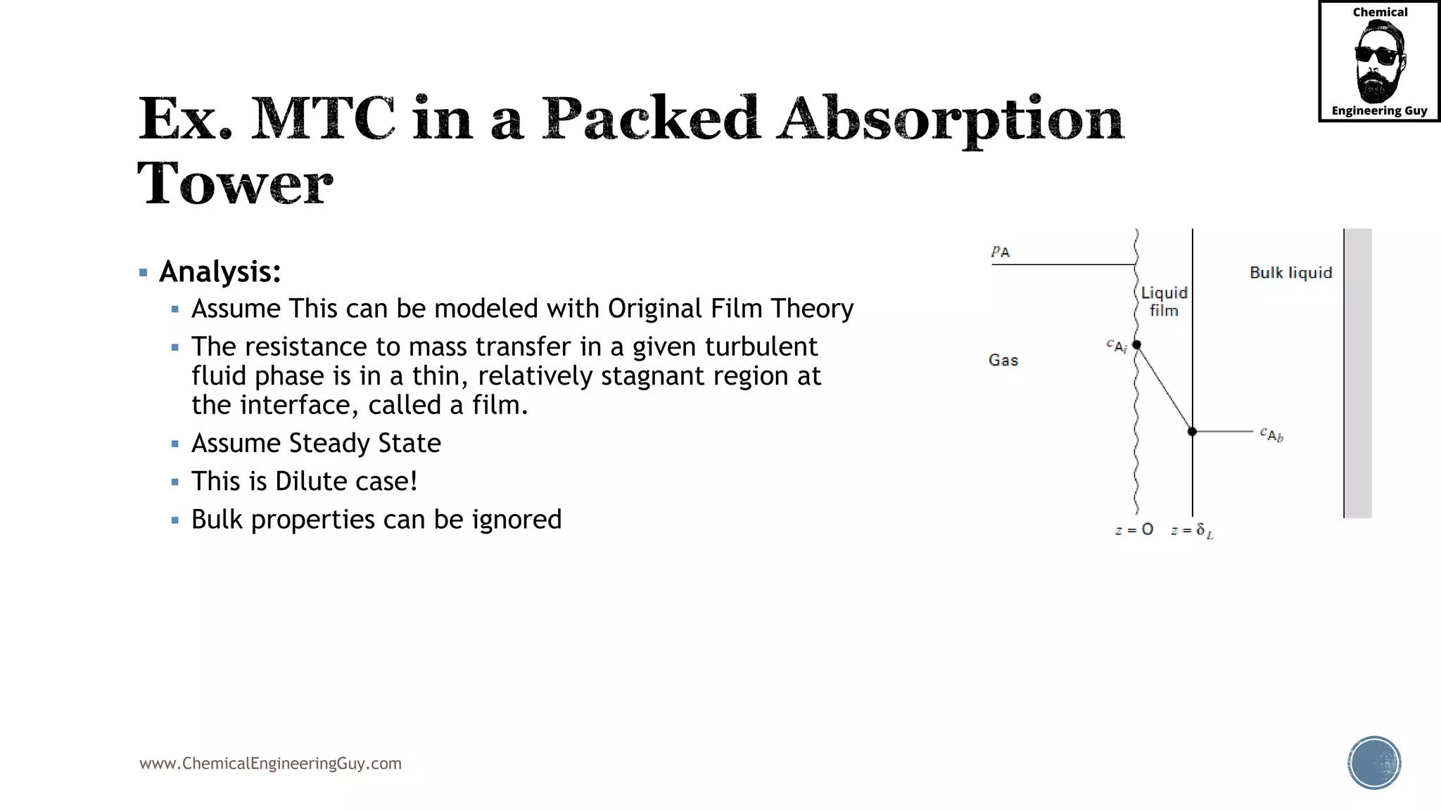 www.ChemicalEngineeringGuy.com
 Analysis:
 Assume This can be modeled with Original Film Theory
 The resistance to mass transfer in a given turbulent
fluid phase is in a thin, relatively stagnant region at
the interface, called a film.
 Assume Steady State
 This is Dilute case!
 Bulk properties can be ignored
 