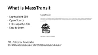 What is MassTransit
? Lightweight ESB
? Open Source
? FREE (Apache 2.0)
? Easy to Learn
ESB : Enterprise Service Bus
Ϯ|ϵyͷյęC,ͨ͸^Ϣպ¼C
 