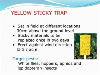YELLOW STICKY TRAP
• Set in field at different locations
30cm above the ground level
• Sticky materials to be
replaced once in two days
• Erect against wind direction
@ 5 / acre
Target pests:
White flies, hoppers, aphids and
lepidopteran insects
 