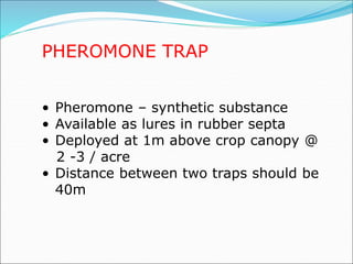 PHEROMONE TRAP
• Pheromone – synthetic substance
• Available as lures in rubber septa
• Deployed at 1m above crop canopy @
2 -3 / acre
• Distance between two traps should be
40m
 
