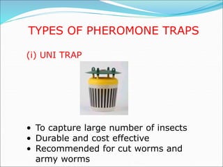 (i) UNI TRAP
• To capture large number of insects
• Durable and cost effective
• Recommended for cut worms and
army worms
TYPES OF PHEROMONE TRAPS
 