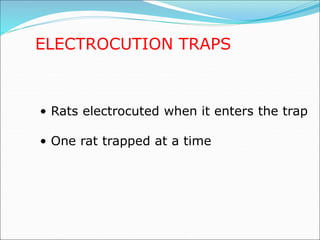 ELECTROCUTION TRAPS
• Rats electrocuted when it enters the trap
• One rat trapped at a time
 