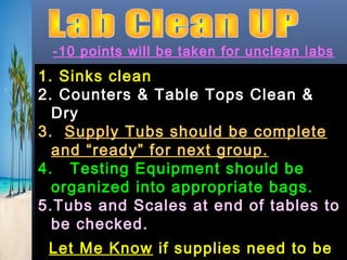 -10 points will be taken for unclean labs
1. Sinks clean
2. Counters & Table Tops Clean &
  Dry
3. Supply Tubs should be complete
  and “ready” for next group.
4. Testing Equipment should be
  organized into appropriate bags.
5.Tubs and Scales at end of tables to
  be checked.
 Let Me Know if supplies need to be
 