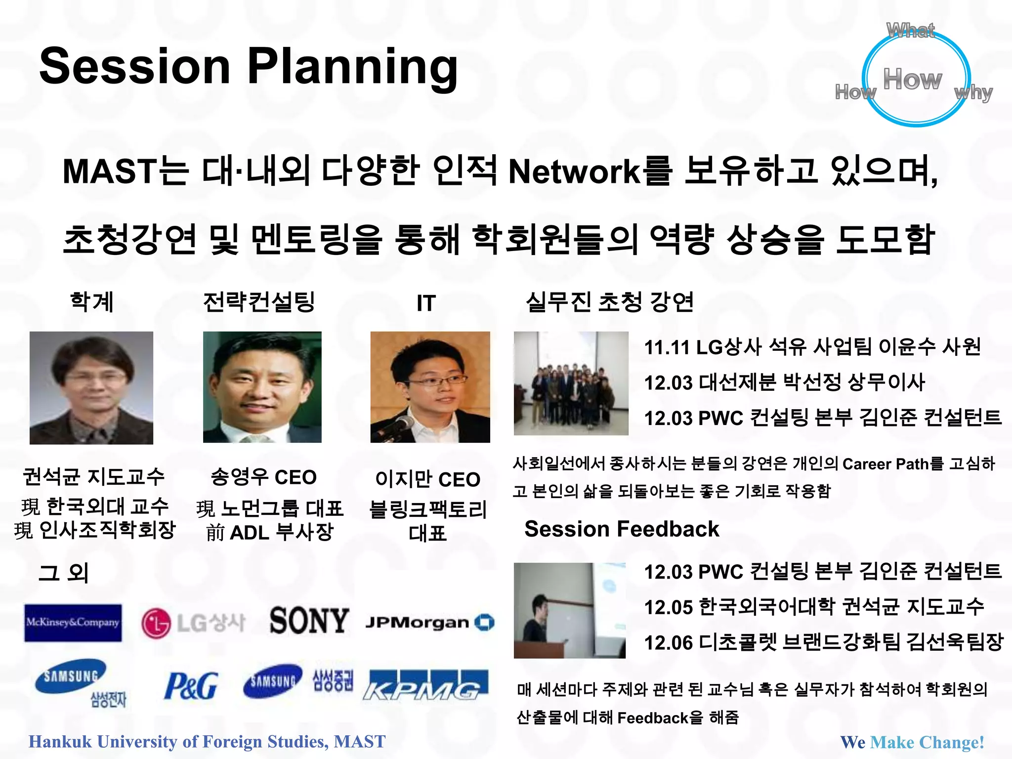 Session Planning
   MAST는 대∙내외 다양한 인적 Network를 보유하고 있으며,

   초청강연 및 멘토링을 통해 학회원들의 역량 상승을 도모함
    학계              전략컨설팅                    IT    실무진 초청 강연
                                                             11.11 LG상사 석유 사업팀 이윤수 사원
                                                             12.03 대선제분 박선정 상무이사
                                                             12.03 PWC 컨설팅 본부 김인준 컨설턴트

                                                  사회일선에서 종사하시는 분들의 강연은 개인의 Career Path를 고심하
권석균 지도교수             송영우 CEO            이지만 CEO
                                                  고 본인의 삶을 되돌아보는 좋은 기회로 작용함
現 한국외대 교수 現 노먼그룹 대표                    블링크팩토리
現 인사조직학회장 前 ADL 부사장                      대표        Session Feedback

 그외                                                          12.03 PWC 컨설팅 본부 김인준 컨설턴트
                                                             12.05 한국외국어대학 권석균 지도교수
                                                             12.06 디초콜렛 브랜드강화팀 김선욱팀장

                                                  매 세션마다 주제와 관련 된 교수님 혹은 실무자가 참석하여 학회원의
                                                  산출물에 대해 Feedback을 해줌
Hankuk University of Foreign Studies, MAST                                    We Make Change!
 