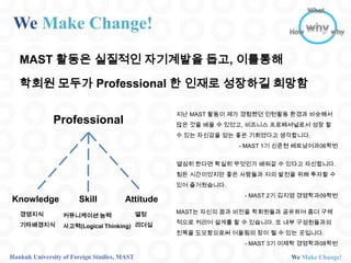 We Make Change!
   MAST 활동은 실질적인 자기계발을 돕고, 이를통해

   학회원 모두가 Professional 한 인재로 성장하길 희망함

                                                  지난 MAST 활동이 제가 경험했던 인턴활동 환경과 비슷해서
              Professional                        많은 것을 배울 수 있었고, 비즈니스 프로페셔널로서 성장 할
                                                  수 있는 자신감을 얻는 좋은 기회였다고 생각합니다.
                                                               - MAST 1기 신준현 베트남어과06학번


                                                  열심히 한다면 확실히 무엇인가 배워갈 수 있다고 자신합니다.
                                                  힘든 시간이었지만 좋은 사람들과 저의 발전을 위해 투자할 수
                                                  있어 즐거웠습니다.
                                                                - MAST 2기 김지영 경영학과09학번
Knowledge              Skill           Attitude
   경영지식                                      열정   MAST는 자신의 꿈과 비전을 학회원들과 공유하여 좀더 구체
                  커뮤니케이션 능력
   기타배경지식                                         적으로 커리어 설계를 할 수 있습니다. 또 내부 구성원들과의
                  사고력(Logical Thinking) 리더십
                                                  친목을 도모함으로써 어울림의 장이 될 수 있는 곳입니다.
                                                                - MAST 3기 이제학 경영학과08학번

Hankuk University of Foreign Studies, MAST                                 We Make Change!
 