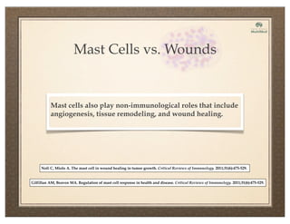 Mast Cells vs. Wounds
Mast cells also play non-immunological roles that include
angiogenesis, tissue remodeling, and wound healing.
Gilfillan AM, Beaven MA. Regulation of mast cell response in health and disease. Critical Reviews of Immunology. 2011;31(6):475-529.
Noli C, Miolo A. The mast cell in wound healing in tumor growth. Critical Reviews of Immunology. 2011;31(6):475-529.
 