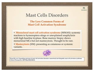 Mast Cells Disorders
• Monoclonal mast cell activation syndrome (MMAS): systemic
reactions to hymenoptera stings or unexplained anaphylaxis
with high baseline tryptase. Bone marrow biopsy shows
monoclonal MCs but not mastocytosis. Thought to be rare.
• Mastocytosis (SM): presenting as cutaneous or systemic
variants.
Picard M, et al. Expanding spectrum of mast cell activation disorders: monoclonal and idiopathic mast cell activation syndrome.
Clinical Therapeutics. 2013 May;35(5):548-62.
The Less Common Forms of
Mast Cell Activation Syndrome
 