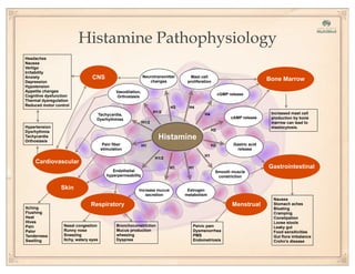 Histamine
Neurotransmitter
changes
Mast cell
proliferation
cGMP release
cAMP release
Gastric acid
release
Smooth muscle
constriction
Estrogen
metabolism
Increase mucus
secretion
Endothelial
hyperpermeability
Pain fiber
stimulation
Tachycardia,
Dysrhythmias
Vasodilation,
Orthostasis
H3 H4
H2
H2
H1
H1 H1
H1/2
H1
H1/2
H4
H1/2
CNS
Cardiovascular
Headaches
Nausea
Vertigo
Irritability
Anxiety
Depression
Hypotension
Appetite changes
Cognitive dysfunction
Thermal dysregulation
Reduced motor control
Hypertension
Dysrhythmia
Tachycardia
Orthostasis
Skin
Itching
Flushing
Heat
Hives
Pain
Palor
Tenderness
Swelling
Respiratory
Nasal congestion
Runny nose
Sneezing
Itchy, watery eyes
Bronchoconstriction
Mucus production
wheezing
Dyspnea
Menstrual
Pelvic pain
Dysmenorrhea
PMS
Endometriosis
Gastrointestinal
Nausea
Stomach aches
Bloating
Cramping
Constipation
Loose stools
Leaky gut
Food sensitivities
Gut flora imbalance
Crohn’s disease
Bone Marrow
Increased mast cell
production by bone
marrow can lead to
mastocytosis.
Histamine Pathophysiology
 
