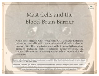 Mast Cells and the
Blood-Brain Barrier
image: learningneuroradiolgy.blogspt.com/2103/case-1430-choroid-plexus-xanthogranuloma
Acute stress triggers CRH production. CRH activates histamine
release by mast cells, which leads to increased blood-brain barrier
permeability. This implicates mast cells in neuroinflammatory
disorders including multiple sclerosis, neuroborreliosis, and
chronic inflammatory response syndrome related to poor biotoxin
clearance.
Couturier N, Liblau RS, et al. Mast cell transcripts are increased within and outside multiple sclerosis lesions. Journal of
Neuroimmunology. 2008 Mar;195(1-2):176-85.
Esposito P, Theoharides T, et al. Acute stress increases permeability of the blood-brain barrier through activation of mast
cells. Brain Research. 2001;888(1):117-127.
 