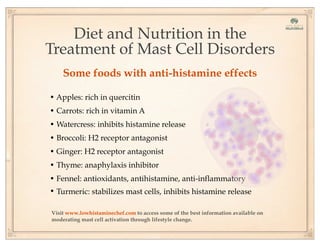 Diet and Nutrition in the
Treatment of Mast Cell Disorders
Some foods with anti-histamine effects
• Apples: rich in quercitin
• Carrots: rich in vitamin A
• Watercress: inhibits histamine release
• Broccoli: H2 receptor antagonist
• Ginger: H2 receptor antagonist
• Thyme: anaphylaxis inhibitor
• Fennel: antioxidants, antihistamine, anti-inflammatory
• Turmeric: stabilizes mast cells, inhibits histamine release
Visit www.lowhistaminechef.com to access some of the best information available on
moderating mast cell activation through lifestyle change.
 