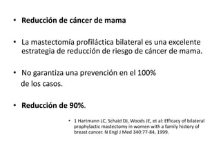 • Reducción de cáncer de mama
• La mastectomía profiláctica bilateral es una excelente
estrategia de reducción de riesgo de cáncer de mama.
• No garantiza una prevención en el 100%
de los casos.
• Reducción de 90%.
• 1 Hartmann LC, Schaid DJ, Woods JE, et al: Efficacy of bilateral
prophylactic mastectomy in women with a family history of
breast cancer. N Engl J Med 340:77-84, 1999.
 