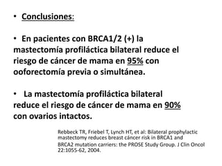 • Conclusiones:
• En pacientes con BRCA1/2 (+) la
mastectomía profiláctica bilateral reduce el
riesgo de cáncer de mama en 95% con
ooforectomía previa o simultánea.
• La mastectomía profiláctica bilateral
reduce el riesgo de cáncer de mama en 90%
con ovarios intactos.
Rebbeck TR, Friebel T, Lynch HT, et al: Bilateral prophylactic
mastectomy reduces breast cáncer risk in BRCA1 and
BRCA2 mutation carriers: the PROSE Study Group. J Clin Oncol
22:1055-62, 2004.
 