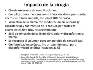 Impacto de la cirugía
• Cirugía no exenta de complicaciones.
• Complicaciones menores como infección, dolor persistente,
necrosis cutánea limitada, etc, en el 10% de casos.
• Asimetría de la mama con modificación en la forma (y
consistencia) y contractura de la cápsula periprotésica,
ocurre en el 20 y 10%, respectivamente.
• 85% disminución de la libido, 69% dolor y disconfort en la
mama.
• Se recupera el volumen pero con perdida de sensibilidad.
• Conformidad oncológica, (no arrepentimiento) pero
disconformidad estética (hasta un 33%)
– European Journal of Cáncer (Ed. Española) 2002; 2: 91-94
– Frost MH, Slezak JM, Tran MV, Williams CI, Jonson JL, Woods JE et al.
Satisfaction alter contralateral prophylactic mastectomy: the significance of
mastectomy type, reconstructive complications, and body appearance J Clin
Oncol 2005; 23: 7849-56
 