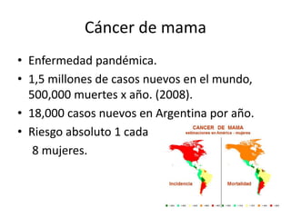 Cáncer de mama
• Enfermedad pandémica.
• 1,5 millones de casos nuevos en el mundo,
500,000 muertes x año. (2008).
• 18,000 casos nuevos en Argentina por año.
• Riesgo absoluto 1 cada
8 mujeres.
 