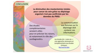 www.cancer-rose.fr
La diminu)on des mastectomies totales
pour cancer du sein grâce au dépistage
organisé n'est pas conﬁrmé...