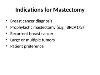 Indications for Mastectomy
• Breast cancer diagnosis
• Prophylactic mastectomy (e.g., BRCA1/2)
• Recurrent breast cancer
• Large or multiple tumors
• Patient preference
 