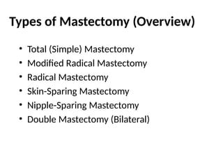 Types of Mastectomy (Overview)
• Total (Simple) Mastectomy
• Modified Radical Mastectomy
• Radical Mastectomy
• Skin-Sparing Mastectomy
• Nipple-Sparing Mastectomy
• Double Mastectomy (Bilateral)
 