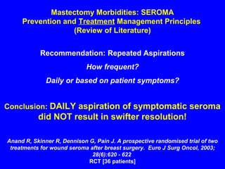 Mastectomy Morbidities: SEROMA
Prevention and Treatment Management Principles
(Review of Literature)
Recommendation: Repeated Aspirations
How frequent?
Daily or based on patient symptoms?
Conclusion: DAILY aspiration of symptomatic seroma
did NOT result in swifter resolution!
Anand R, Skinner R, Dennison G, Pain J. A prospective randomised trial of two
treatments for wound seroma after breast surgery. Euro J Surg Oncol, 2003;
28(6):620 - 622
RCT [36 patients]
 