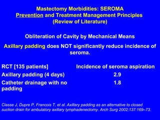 Mastectomy Morbidities: SEROMA
Prevention and Treatment Management Principles
(Review of Literature)
Obliteration of Cavity by Mechanical Means
Axillary padding does NOT significantly reduce incidence of
seroma.
RCT [135 patients] Incidence of seroma aspiration
Axillary padding (4 days) 2.9
Catheter drainage with no
padding
1.8
Classe J, Dupre P, Francois T, et al. Axillary padding as an alternative to closed
suction drain for ambulatory axillary lymphadenectomy. Arch Surg 2002;137:169–73.
 