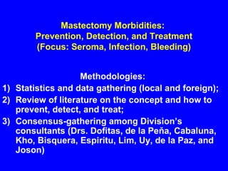 Mastectomy Morbidities:
Prevention, Detection, and Treatment
(Focus: Seroma, Infection, Bleeding)
Methodologies:
1) Statistics and data gathering (local and foreign);
2) Review of literature on the concept and how to
prevent, detect, and treat;
3) Consensus-gathering among Division’s
consultants (Drs. Dofitas, de la Peňa, Cabaluna,
Kho, Bisquera, Espiritu, Lim, Uy, de la Paz, and
Joson)
 