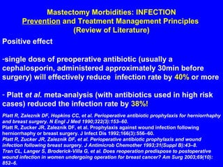 Mastectomy Morbidities: INFECTION
Prevention and Treatment Management Principles
(Review of Literature)
Positive effect
-single dose of preoperative antibiotic (usually a
cephalosporin, administered approximately 30min before
surgery) will effectively reduce infection rate by 40% or more
- Platt et al. meta-analysis (with antibiotics used in high risk
cases) reduced the infection rate by 38%!
Platt R, Zaleznik DF, Hopkins CC, et al. Perioperative antibiotic prophylaxis for herniorrhaphy
and breast surgery. N Engl J Med 1990;322(3):153–60.
Platt R, Zucker JR, Zaleznik DF, et al. Prophylaxis against wound infection following
herniorrhaphy or breast surgery. J Infect Dis 1992;166(3):556–60.
Platt R, Zucker JR, Zaleznik DF, et al. Perioperative antibiotic prophylaxis and wound
infection following breast surgery. J Antimicrob Chemother 1993;31(Suppl B):43–8.
Tran CL, Langer S, Broderick-Villa G, et al. Does reoperation predispose to postoperative
wound infection in women undergoing operation for breast cancer? Am Surg 2003;69(10):
852–6.
 