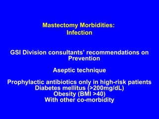 Mastectomy Morbidities:
Infection
GSI Division consultants’ recommendations on
Prevention
Aseptic technique
Prophylactic antibiotics only in high-risk patients
Diabetes mellitus (>200mg/dL)
Obesity (BMI >40)
With other co-morbidity
 